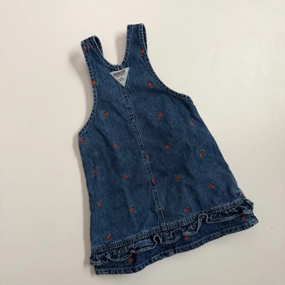 Vintage Y2K OshKosh B'gosh Denim Dress Overalls Embroidered Strawberries Blue